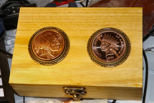 Two 1 Oz. Copper Bullion Coins Wooden Box